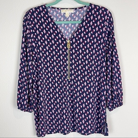 Michael Michael Kors Jersey Knit Navy Pink Geometric Top M - Picture 1 of 6